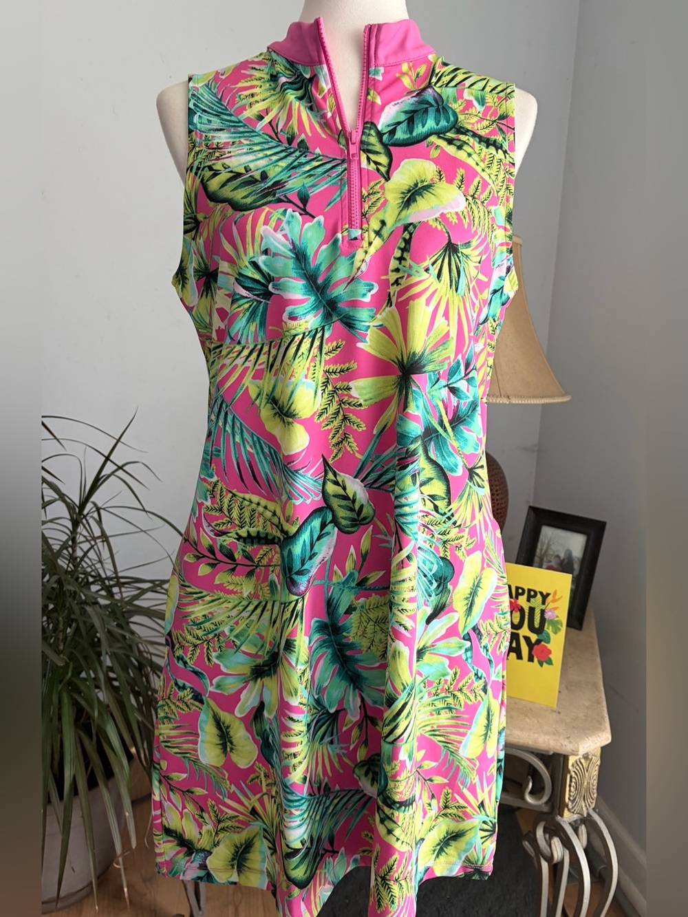 Tommy Bahama Pink Tropical Leaf Sleeveless Dress With Pockets & Front Zip Size L - Picture 12 of 16